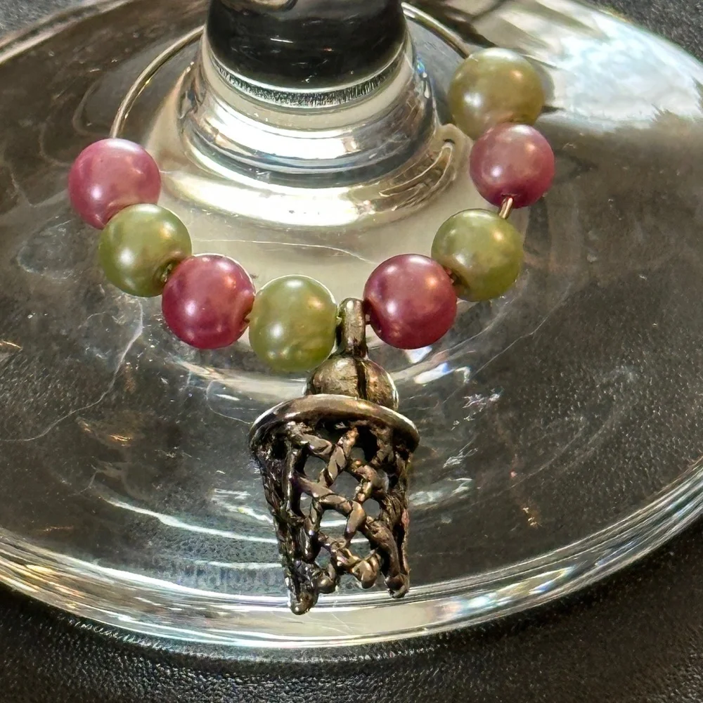 Wine glass tag, stainless steel hoop, green/pink beads, basketball charm